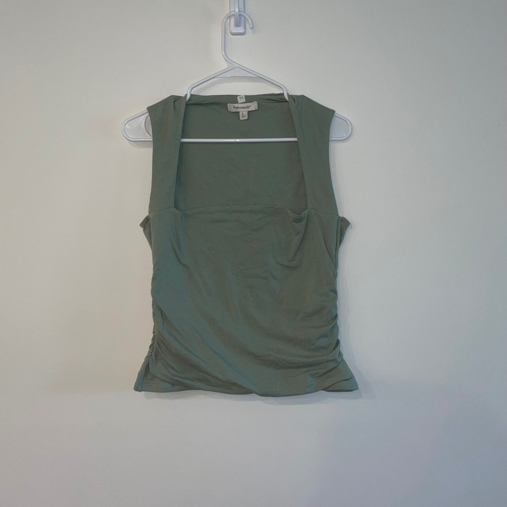 Francesca's Women Sage Green Square‎ Neck Ruched Side Sleeveless Tank Top Large